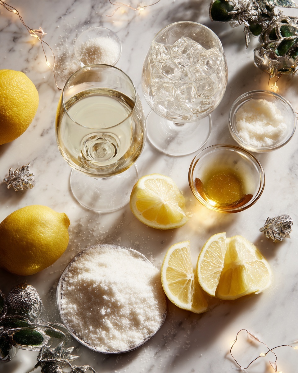 The image shows a white marbled surface with two white wine glasses, one upright and one tipped over, both with ice cubes inside. Surrounding the glasses are four lemon wedges with bright yellow skin and juicy pulp, placed at different angles. There are four small clear glass bowls containing white sugar, white powdered ingredient, white liquid, and a golden amber liquid. Decorative silver and green holiday accents are placed in the top corners, and small fairy lights are scattered around, adding a soft warm glow. Photo taken with an iphone --ar 4:5 --v 7