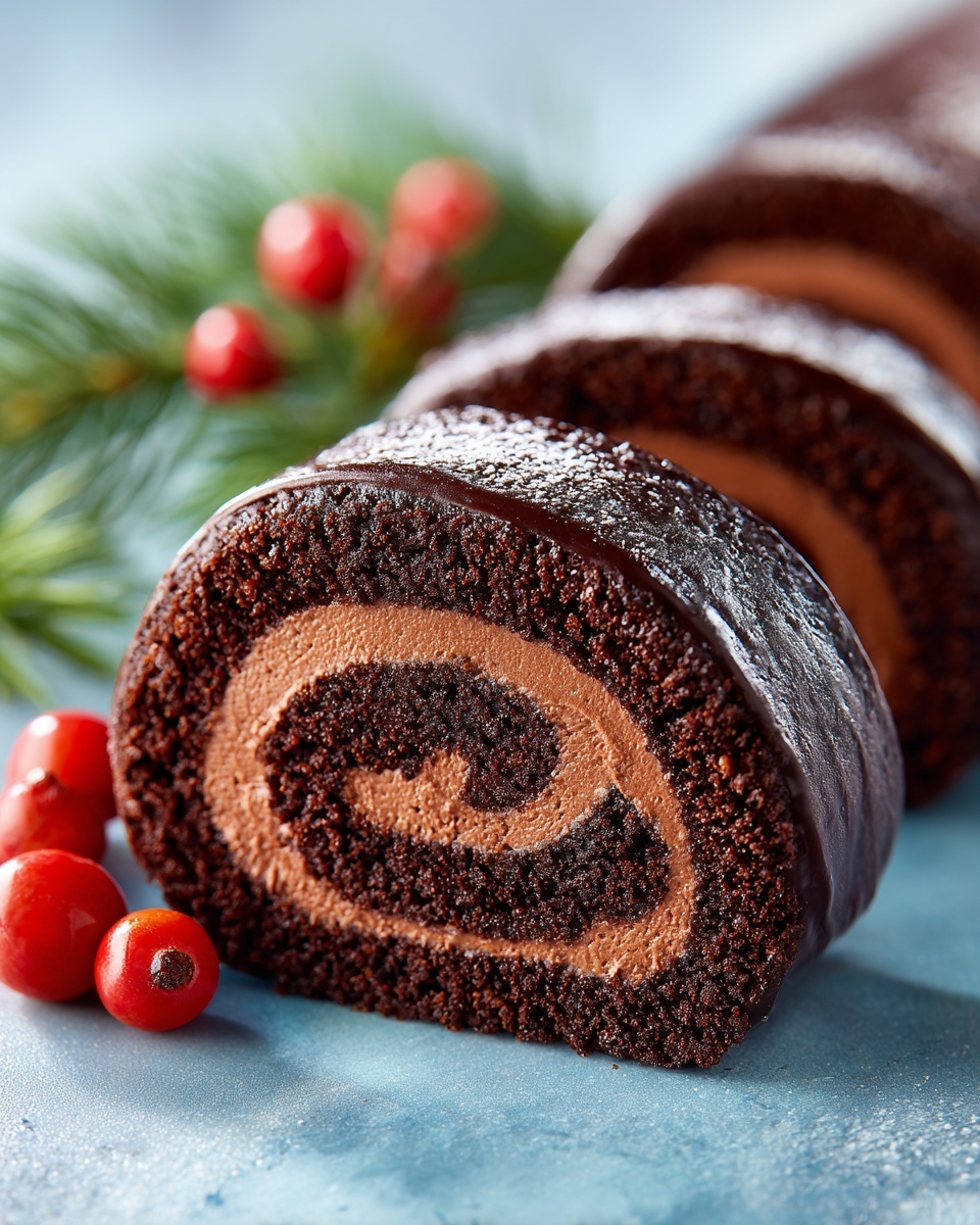 The image shows a chocolate roll cake sliced to reveal its spiral layers, with three visible layers of dark brown cake and two layers of lighter brown chocolate filling, all wrapped in a thin outer layer of chocolate frosting. The cake slice is placed on a light blue surface with a sprig of red berries and some green pine needles nearby. The background is blurred but shows more chocolate roll pieces with a reddish-brown color tone. The texture of the cake looks soft and moist, and the filling is smooth and creamy. Photo taken with an iphone --ar 4:5 --v 7