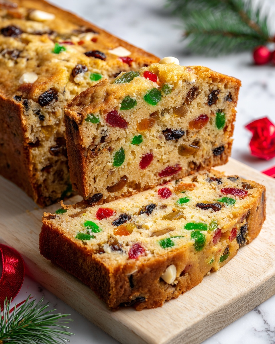 The image shows two slices of fruitcake placed on a light wooden cutting board with a white marbled texture surface underneath. The cake has a dense, brown crumb with visible pieces of dried fruits in dark red, green, and amber colors, along with some light-colored nuts scattered throughout. The top edge of the fruitcake slice is golden brown and slightly crusty. A small red cloth piece and green leaves are partially visible around the edges of the board. Photo taken with an iphone --ar 4:5 --v 7