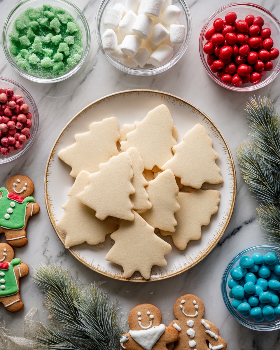 A white round plate with a worn-out golden rim holds several plain Christmas tree and star-shaped sugar cookies in light beige tones, arranged in a slight pile. Surrounding the plate on a white marbled surface are clear small bowls filled with bright red, green, and blue round candies, and a bowl of white marshmallows. There are piping bags in red, white, green, and dark blue colors placed around the plate, full of colorful icing. Tiny artificial green pine branches and small decorated gingerbread man cookies with white icing smiles and green and red buttons decorate the scene. The whole setup looks ready for cookie decorating. Photo taken with an iphone --ar 4:5 --v 7