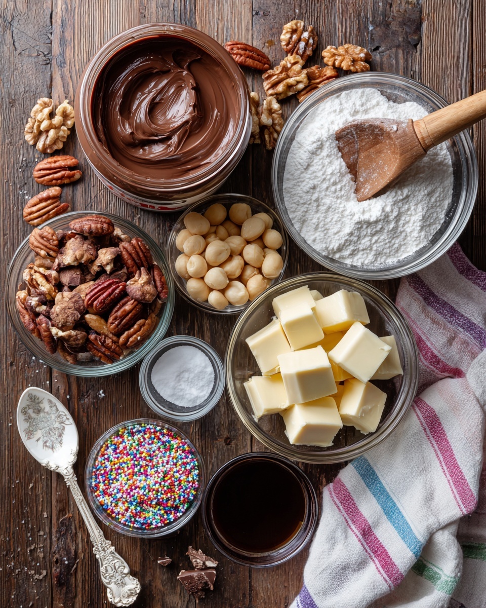 A jar of Nutella lies on its side on a dark wooden surface with the white marbled texture visible underneath, surrounded by clear glass bowls holding different ingredients arranged around it. On the top right, a bowl is filled with light brown walnut halves, and below it to the left is another bowl with darker brown pecan halves. At the center right, a larger bowl holds white powdered sugar with a wooden spoon resting inside, part-covered. Near the bottom, a bowl holds cream-colored hazelnuts, and beside it is a bowl filled with evenly cut cubes of pale yellow butter. Also included are small bowls with white salt and dark vanilla extract, and a small white bowl filled with colorful round sprinkles. A white spoon with a decorative handle lies near the bottom left. A striped cloth with white, pink, blue, and purple colors is on the right side. Photo taken with an iphone --ar 4:5 --v 7