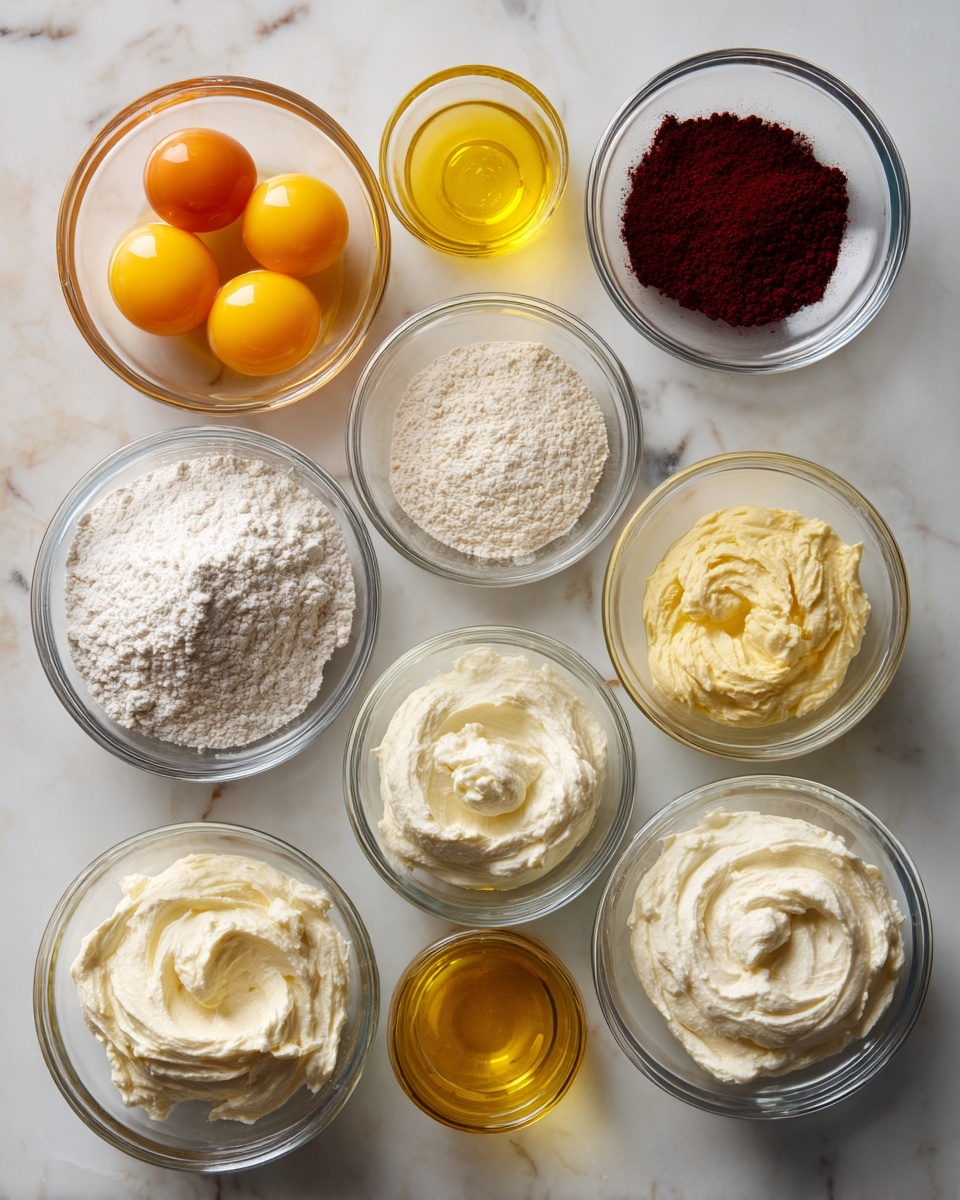The image shows twelve small clear glass bowls arranged closely on a white marbled surface. The top row has three bowls: one with three raw eggs in yellow and orange, one with dark red powdered spice, and one with white granulated powder. The middle row has four bowls: one with golden yellow liquid, one with white flour, one with white liquid, and one with clear pale liquid. The bottom rows have five bowls filled with thick, white creamy textures, each with slight differences in smoothness and peaks. The clear glass bowls reveal the bright colors and textures inside. photo taken with an iphone --ar 4:5 --v 7