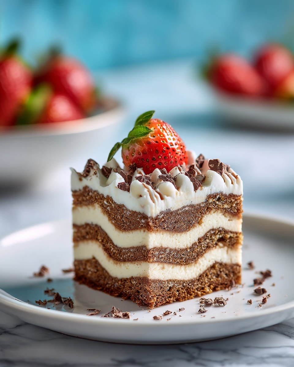 The image shows a close-up of a thick slice of a layered dessert with many thin, folded layers of light brown crepe-like pastry and white cream alternating inside. The sides reveal about ten layers of pastry and cream in wavy, slightly uneven folds. The top layer is smooth white cream, decorated with chocolate shavings and a halved red strawberry with green leaves placed on top. The dessert sits on a white plate with a few strawberry slices around it, all set on a white marbled surface with a bright blue background. photo taken with an iphone --ar 4:5 --v 7