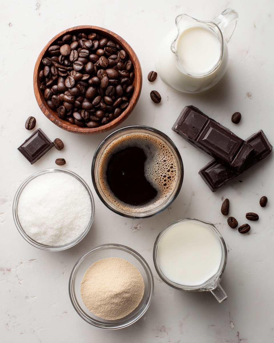 The image shows a flat lay of coffee ingredients on a white marbled surface. At top left, there is a round wooden bowl filled with dark brown roasted coffee beans. Beside it, three pieces of dark chocolate with a rich brown color lie flat. Below these, a clear glass cup of black coffee with a light brown frothy layer and two coffee beans floating on the surface. To the right of the coffee, there is a glass measuring jug filled with white milk. Below the jug is a small clear bowl with beige powder. At bottom right, a clear bowl holds white sugar, and left to it, another clear bowl holds white milk. Scattered coffee beans and chocolate pieces are around the bowls. The photo taken with an iphone --ar 4:5 --v 7
