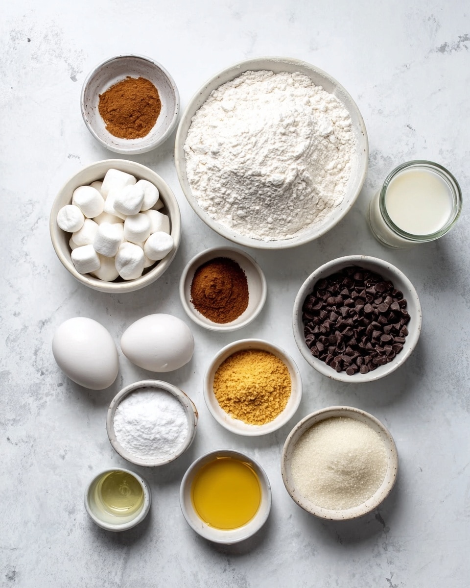 The image shows a white marbled surface with several white bowls and small containers arranged neatly. There is a large bowl filled with white flour, a bowl with small white marshmallows, and another bowl with dark chocolate chips. Two white eggs are placed on the surface near the bowls. Around them, there are smaller bowls containing brown powder, golden crumbs, white granulated sugar, a dark liquid, and a clear light yellow liquid. A glass of milk is also present. The colors are mainly white, brown, and yellow with smooth and powdery textures visible. photo taken with an iphone --ar 4:5 --v 7
