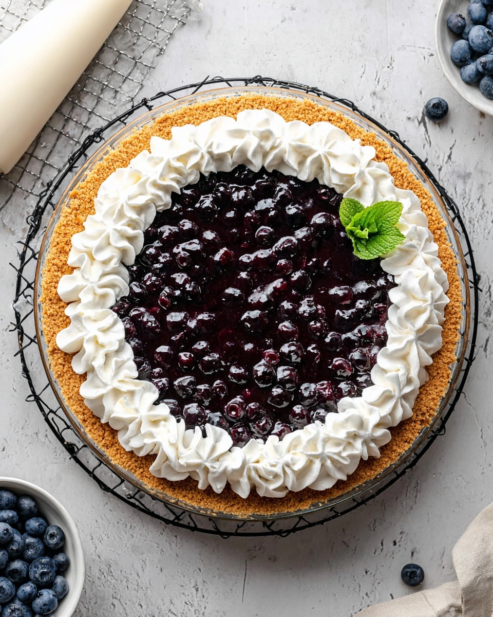 A slice of blueberry cheesecake is seen held on a silver pie server above a glass pie dish on a purple cloth. The cheesecake has three layers: a thick golden brown crumb crust at the bottom with a slightly crumbly texture, a thick creamy white middle layer of cheesecake, and a shiny, deep purple blueberry topping with whole blueberries. On top of the blueberries is a small swirl of white whipped cream garnished with a small fresh green mint leaf. The background is a soft white marbled texture. Photo taken with an iphone --ar 4:5 --v 7