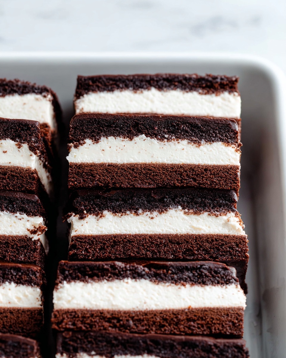 This image shows a stack of three ice cream sandwich pieces on a white plate set on a white marbled surface. Each sandwich has three visible layers: a thick dark brown chocolate cookie layer on the bottom, a thick bright white ice cream layer in the middle, and another thick dark brown chocolate cookie layer on top. The layers are even and cleanly separated, showing rough textured edges on the chocolate cookies and smooth creamy texture on the ice cream. Thin pieces of brown parchment paper are placed between each sandwich layer in the stack. The photo taken with an iphone --ar 4:5 --v 7