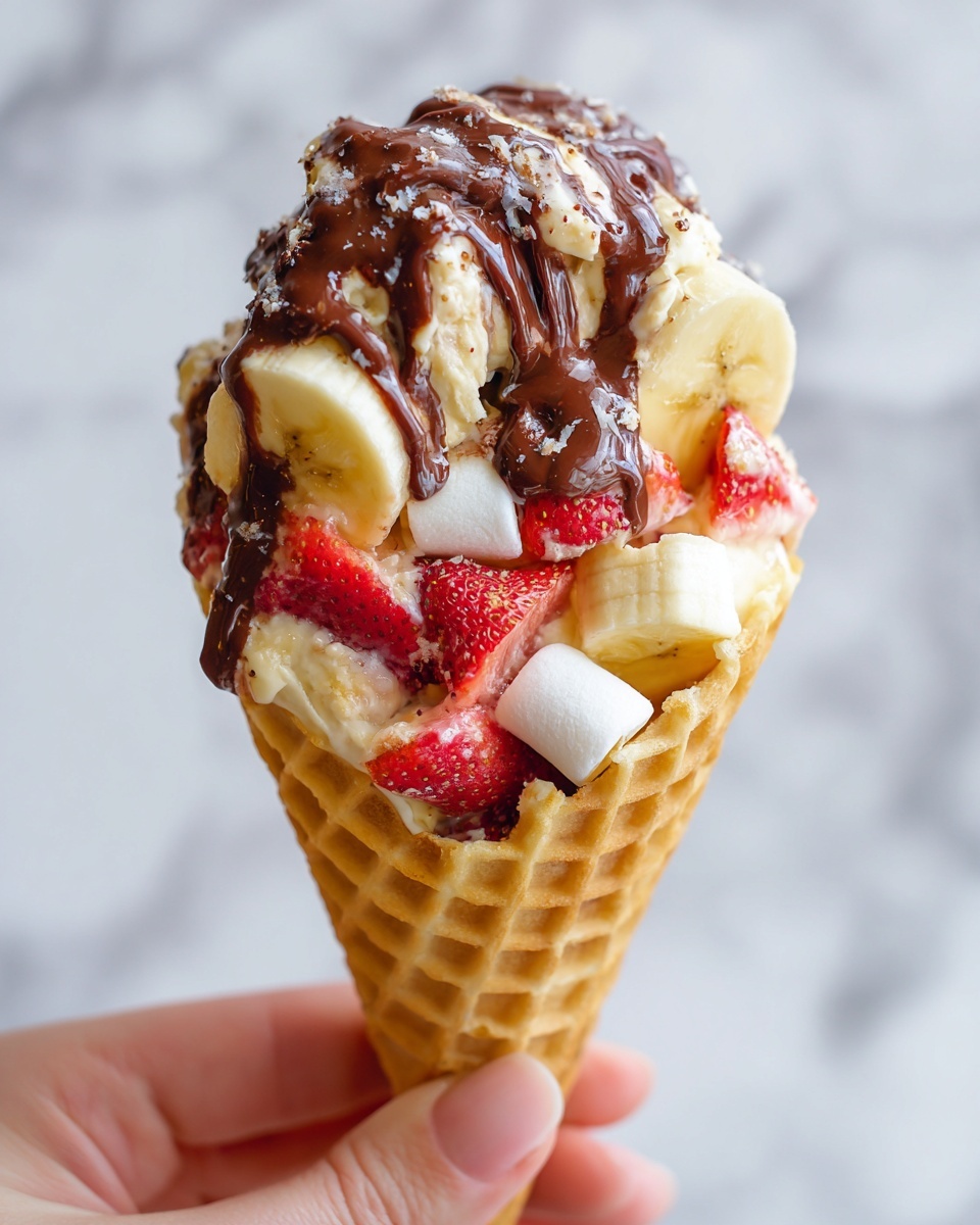 A close-up view of a waffle cone held by a woman's hand filled with layers of fresh fruit and chocolate. The bottom layer inside the cone has slices of banana, which are pale yellow and soft. Above the banana slices, there are bright red strawberry pieces that add a pop of color. Mixed in are small white marshmallows with a slightly melted texture. On top, there is a thick layer of creamy caramel and melted chocolate, both shiny and smooth, dripping a little down the fruit. The waffle cone is light brown with a textured pattern and holds all ingredients tightly. The background has a white marbled texture. Photo taken with an iphone --ar 4:5 --v 7