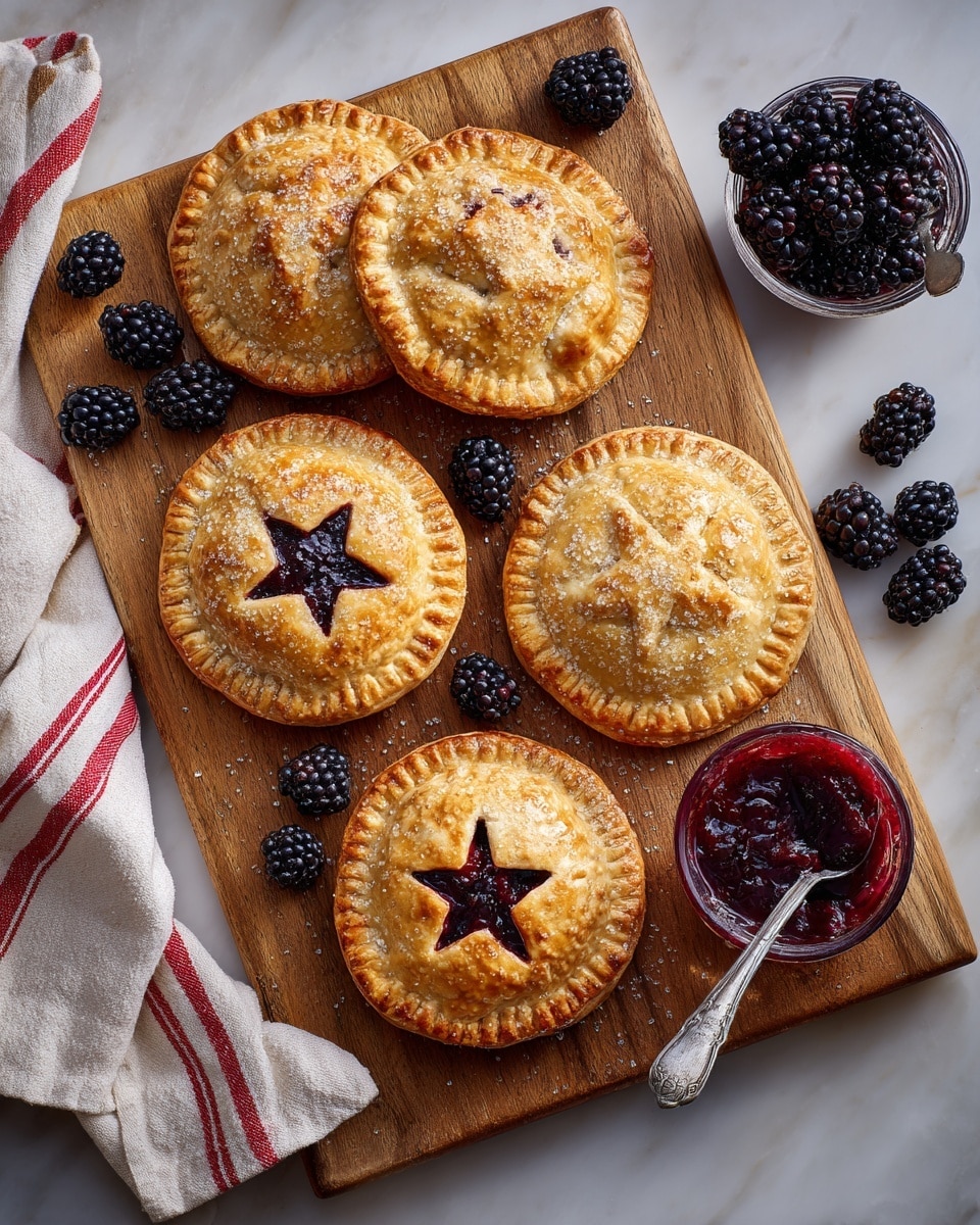 Six small round hand pies with a shiny golden-brown crust are arranged on a wooden cutting board. Each pie has a star-shaped cutout in the center, revealing dark purple blackberry filling inside. The edges of the pies are crimped with fork marks, and coarse sugar crystals are sprinkled on top for texture. Around the pies, there are whole blackberries scattered on the board. To the right side, there is a clear glass bowl holding more dark purple blackberry filling with a silver spoon inside. A white cloth with red stripes is seen partially on the left side. The whole setup is on a wooden surface. photo taken with an iphone --ar 4:5 --v 7