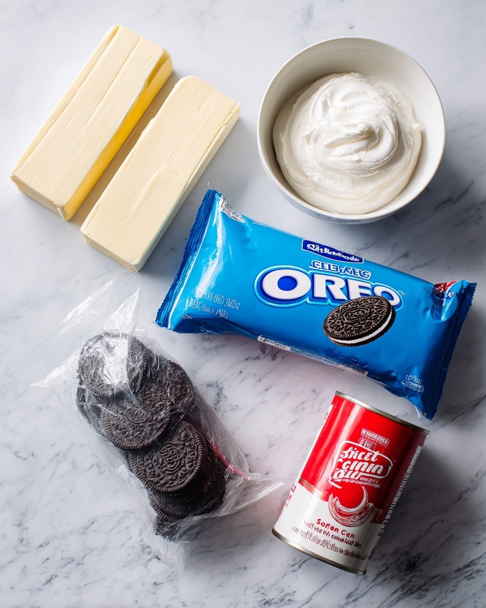A flat lay view of ingredients arranged on a white marbled surface, including two sticks of unsalted butter positioned at the top left, a white bowl filled with Cool Whip at the top right, a large blue bag of Oreos placed near the center, a clear bag with chocolate fudge cake mix on the lower left, and a red can of sweetened condensed milk on the lower right. Each ingredient is labeled in simple brown text boxes near their positions. Photo taken with an iphone --ar 4:5 --v 7
