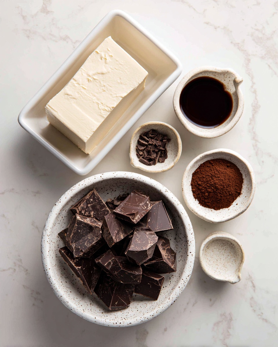 The image shows a flat lay of ingredients on a white marbled surface. There is a rectangular white container filled with smooth, creamy beige tofu on the top left. Below and to the right is a white speckled bowl full of dark brown broken chocolate pieces. Surrounding the bowl are three small white speckled containers: one with dark brown liquid, one with cocoa powder, and one empty. Photo taken with an iphone --ar 4:5 --v 7