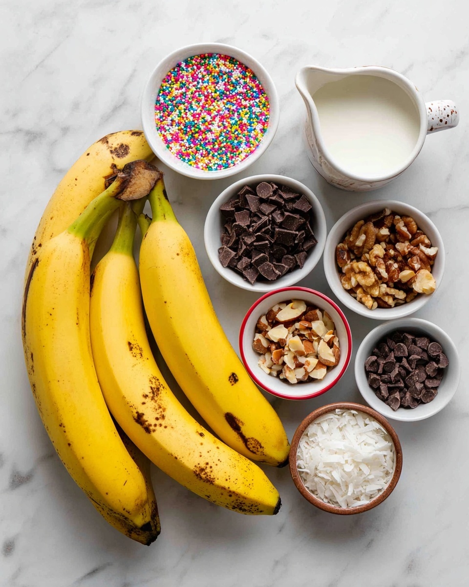 A bunch of yellow bananas with brown spots is placed in the center on a white marbled surface. Around the bananas are seven small round bowls, each holding different toppings: colorful rainbow sprinkles in one bowl, dark chocolate chunks in a white bowl, chopped nuts in three bowls with varying shades from light to dark brown, shredded coconut in a bowl with a reddish outer rim, and a small speckled pitcher with a white liquid, all arranged evenly around the bananas. The setup is neat and bright, showing the ingredients clearly. photo taken with an iphone --ar 4:5 --v 7