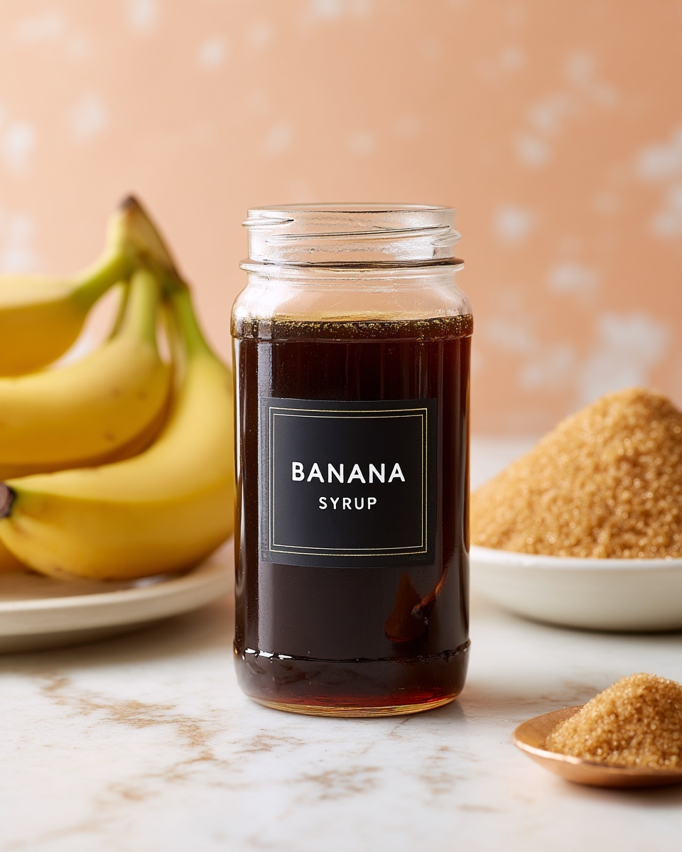 A clear glass jar filled with dark brown banana syrup, almost full to the top with a smooth and slightly thick texture. The jar has black labels with white letters saying