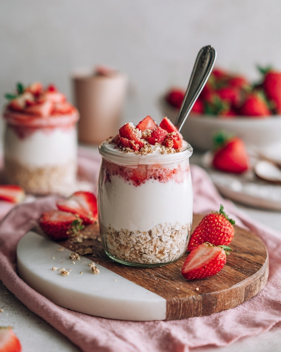 A clear glass cup shows a dessert with four layers: the bottom layer is light brown and crumbly, the second layer is made of oats mixed with small black chia seeds in a beige mixture, the third layer is thick white cream, and the top layer has bright red chopped strawberries with some brown crumbs sprinkled on top. The cup sits on a white round stand placed on a soft pink cloth with a ripe red strawberry placed next to it. The background is a white marbled texture with another similar glass cup and strawberries blurred in the distance. Photo taken with an iphone --ar 4:5 --v 7