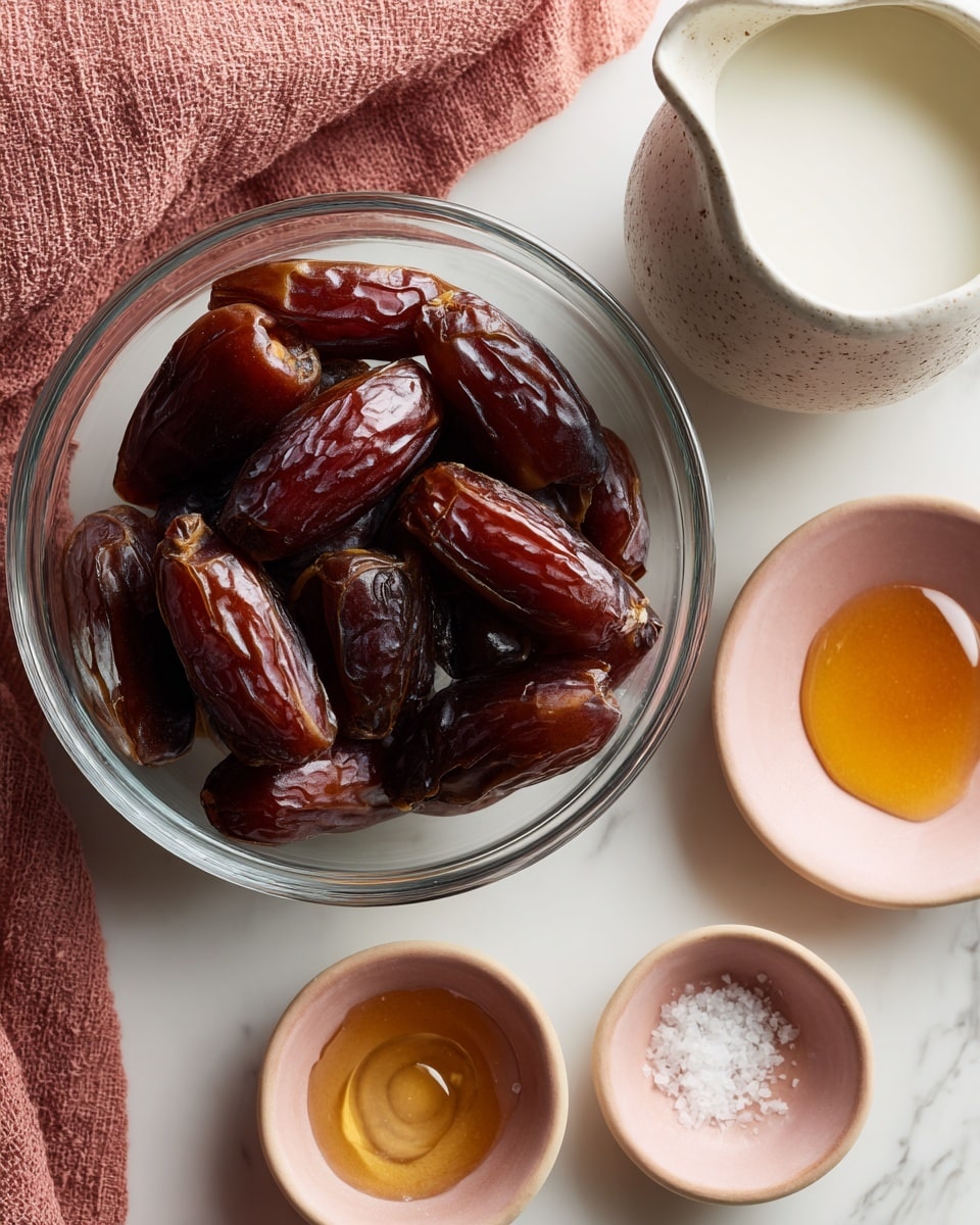 A close-up top view of a clear glass bowl filled with glossy, dark brown dates placed on a white marbled surface. Below the bowl, there is a white speckled ceramic jug filled with smooth, white milk. To the right of the dates, two small pink ceramic bowls are placed; one contains golden honey with a shiny surface, and the other holds a small amount of white salt. A soft, reddish-pink textured cloth is visibly draped in the top right corner. Photo taken with an iphone --ar 4:5 --v 7