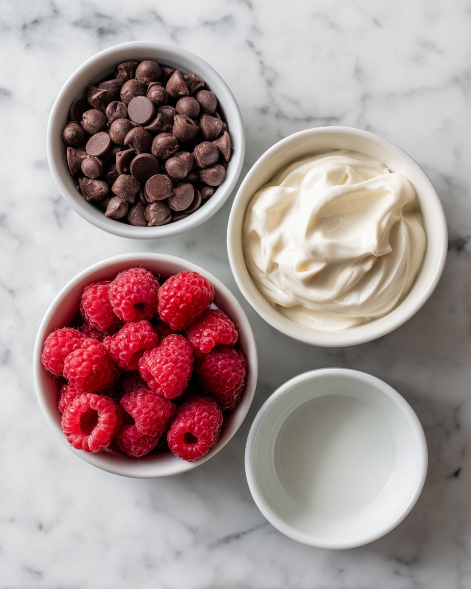 Four small white bowls are placed on a white marbled surface. The top-left bowl is filled with dark brown chocolate chips that have a smooth and round texture. The bottom-left bowl holds fresh bright red raspberries with a bumpy surface. The top-right bowl contains creamy white yogurt with a smooth, swirled texture. The smallest bowl at the bottom-right is empty, showing a plain white interior with light stains. photo taken with an iphone --ar 4:5 --v 7