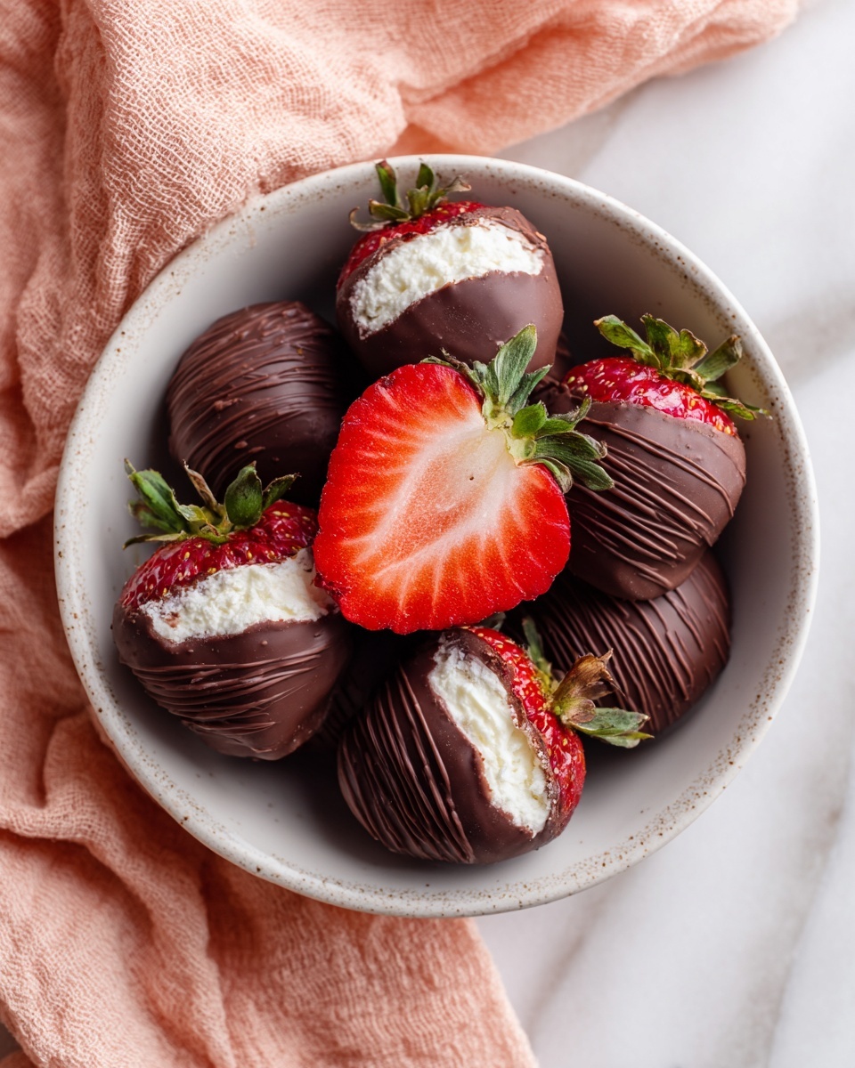 A white bowl with a carved pattern holds a group of dark chocolate-covered strawberries. One strawberry is cut in half, showing a bright red fruit layer wrapped around a white cream center. The chocolate coating is smooth but with slight unevenness in texture. The bowl sits on a white marbled surface, with part of a light peach cloth visible in the bottom right corner, and parts of two other plates with different items on the top left and right edges. photo taken with an iphone --ar 4:5 --v 7
