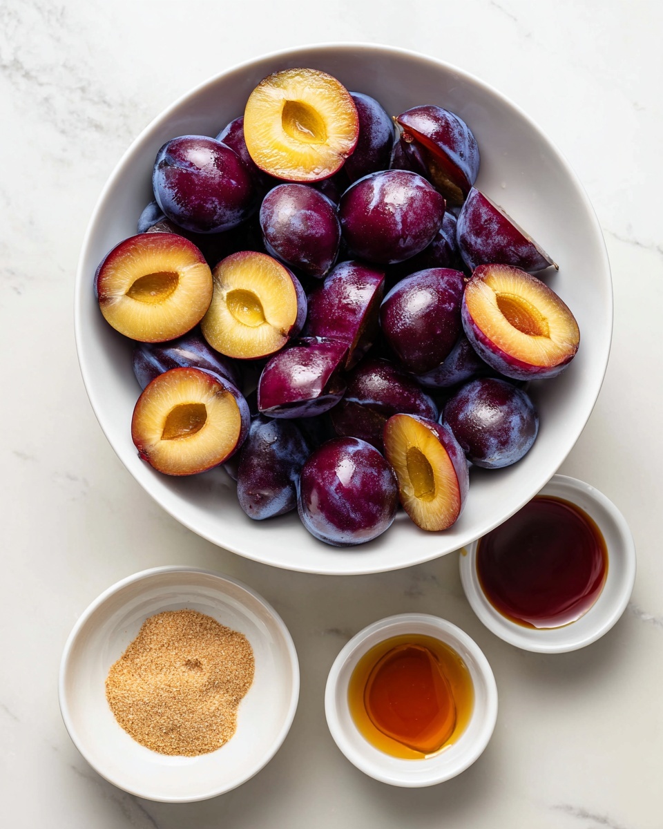 A white bowl filled with many halved plums showing their light yellow inside and dark purple skin, placed on a white marbled surface. Above the bowl, three small white dishes hold ingredients: one with light brown sugar, one with a small amount of a fine brown powder, and the last with a dark amber liquid. The arrangement is neat and simple, showing clear colors and textures. Photo taken with an iphone --ar 4:5 --v 7
