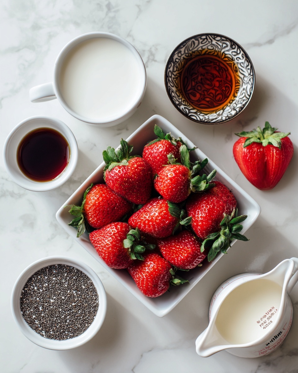 A white square bowl filled with bright red strawberries with green leaves sits centered on a white marbled surface. Around it are small white cups with different ingredients: a cup of white milk at the top left, a decorative small bowl with dark brown syrup to the top right, a small red dish shaped like a strawberry to the right of the bowl, a small decorative bowl filled with tiny black and white chia seeds below, and a white measuring cup with creamy white yogurt marked