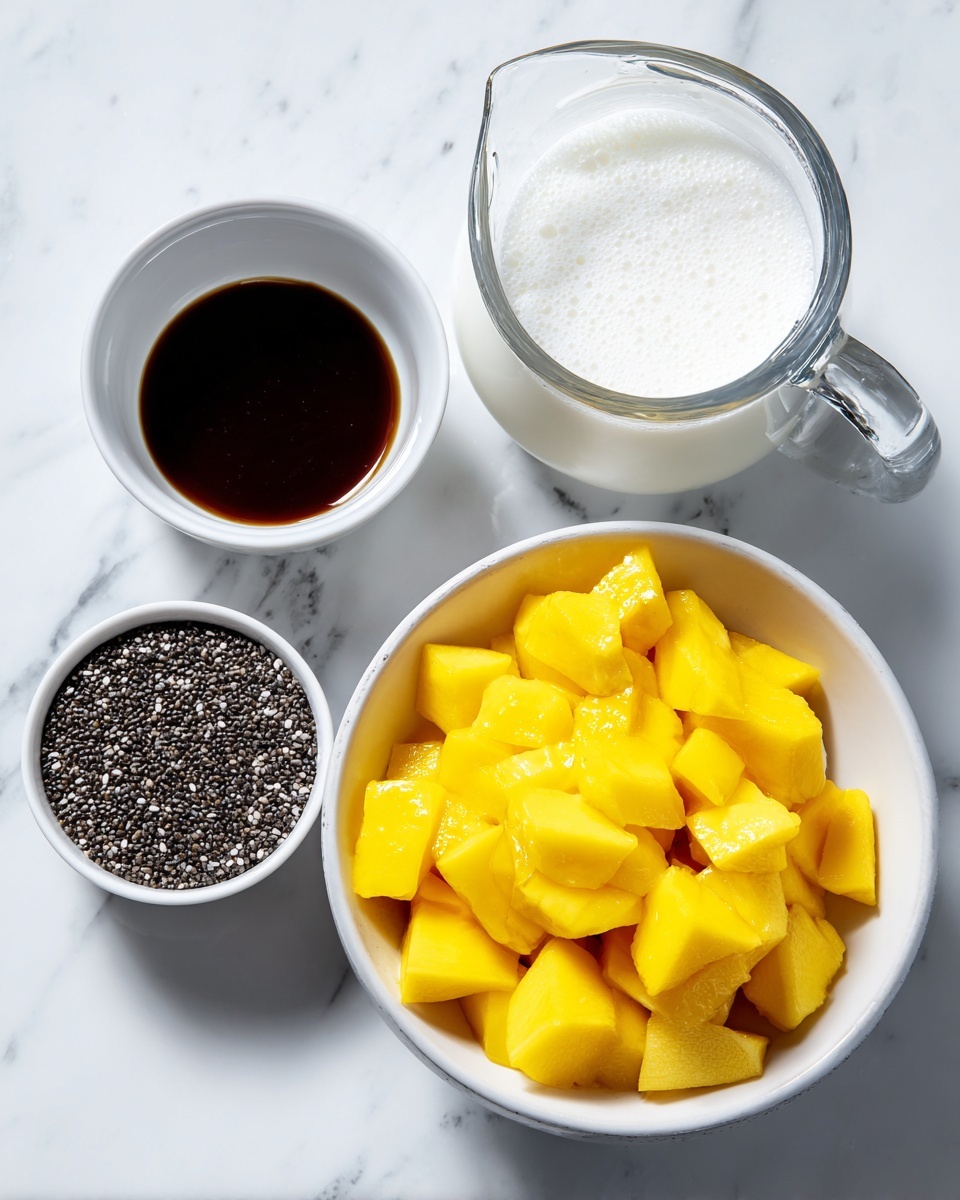 The image shows four separate white bowls on a white marbled surface. The largest bowl is filled with bright yellow mango chunks, roughly cut into small pieces, filling the bowl completely. To the upper right, there is a clear glass pitcher holding white coconut milk with a slightly frothy texture on top. Below the pitcher, a small white bowl holds dark brown liquid, smooth and shiny on the surface. To the lower left of the small bowl, another small white bowl contains black and white chia seeds, densely packed and showing their small round shapes. Photo taken with an iphone --ar 4:5 --v 7