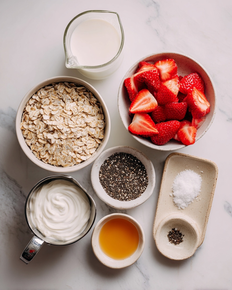 The image shows several small white bowls and a glass measuring cup on a white marbled surface. One bowl is full of pale beige rolled oats, another holds bright red sliced strawberries with a juicy texture, and a third contains dark brown chia seeds with a textured surface. There are two tiny white bowls with bright golden and amber-colored liquids, and a small beige dish with white coarse salt. A silver measuring cup filled with smooth white yogurt is also visible. A clear glass measuring cup full of white milk is placed near the top left. All ingredients are neatly arranged and well-lit. photo taken with an iphone --ar 4:5 --v 7