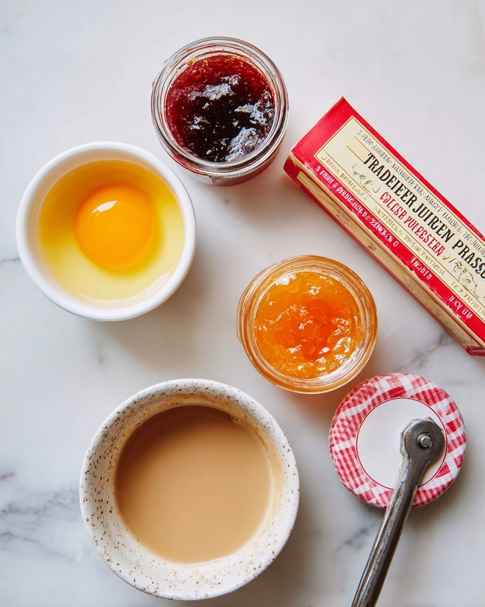This image shows a red box of Trader Joe’s puff pastry with white and yellow text, placed on a white marbled surface. Below the box, there are two glass jars with red and white checkered lids; the left jar holds dark red strawberry preserves, and the right jar contains orange marmalade. To the left is a small white bowl with a cracked raw egg inside, showing bright yellow yolk and clear egg white. At the bottom center, there is a white and speckled bowl containing a beige liquid. On the right side lies a metallic pizza cutter with a round blade and a handle, resting on the same white marbled surface. photo taken with an iphone --ar 4:5 --v 7