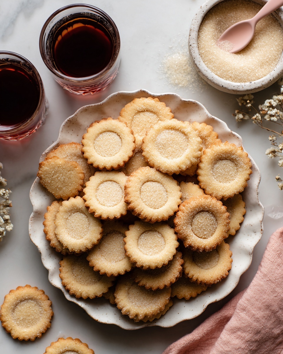 A large white scalloped plate sits on a white marbled surface, filled with many small, round cookies that have a light beige color and a slightly crumbly texture with sugar sprinkled on top. Around the plate, more cookies are placed casually, including one broken cookie showing its soft inside. To the top left, there are two glass cups filled with dark tea, with one cup showing a clear handle. On the top right, a white scalloped dish holds granulated sugar with a small pink spoon resting in it. A soft pink cloth is partly visible on the lower right corner. The scene is bright and clean, giving a cozy feeling. photo taken with an iphone --ar 4:5 --v 7
