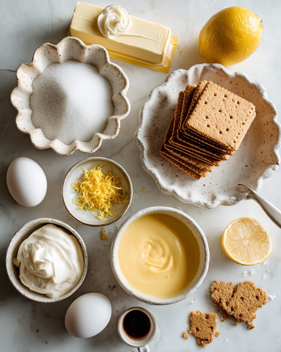 A top view of various baking ingredients on a white marbled surface, including a small white speckled bowl of dark liquid in the upper left, a larger white speckled bowl with an uncooked egg showing a bright yellow yolk near the center top, a white speckled bowl of white powder in the middle, and a white speckled pitcher with cream or milk on the right. To the bottom right, there is a brown pie dish with cinnamon sugar and a green spoon inside. Near the bottom center is a partially unwrapped block of cream cheese with a smooth texture, and just left of it are two rolled pastry sheets. A can of Libby's 100% pure pumpkin with an orange label is on the right side. Three metal cookie cutters in leaf and acorn shapes are scattered around the top right quarter. photo taken with an iphone --ar 4:5 --v 7
