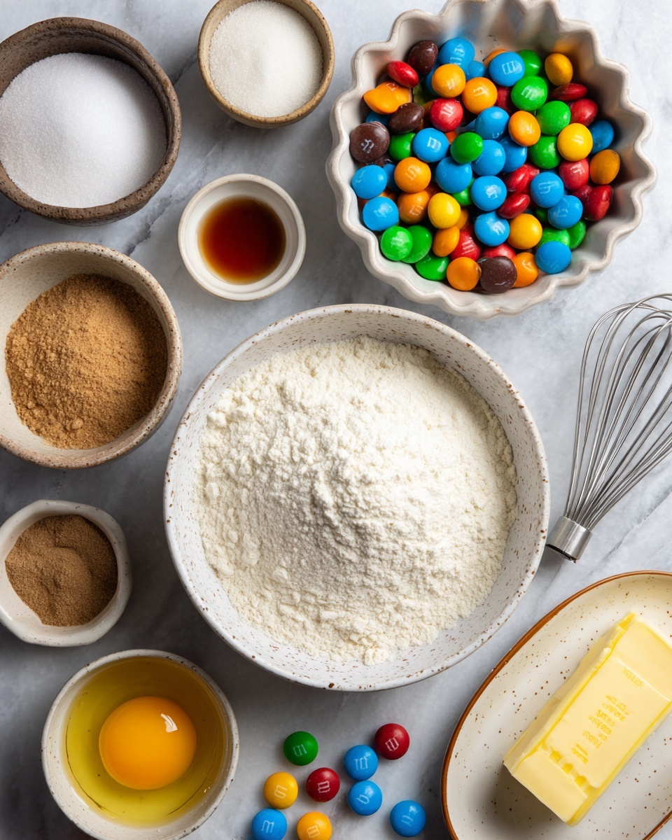 A top view of baking ingredients arranged on a white marbled surface, including a large white speckled bowl of white flour in the center, a white speckled bowl of brown sugar below it, and a small white speckled bowl with an egg yolk to the left. Above the flour bowl, there is a medium brown bowl of granulated sugar, and to the left of that, a very small brown bowl of vanilla extract and a tiny brown bowl of baking soda. To the right of the sugar bowl, a large white bowl with a scalloped edge filled with colorful red, blue, green, yellow, orange, and brown candy-coated chocolates, with some scattered candies nearby. A stick of butter with a yellow label sits on a white plate with a brown rim near the bottom right, next to a metal whisk. Photo taken with an iphone --ar 4:5 --v 7