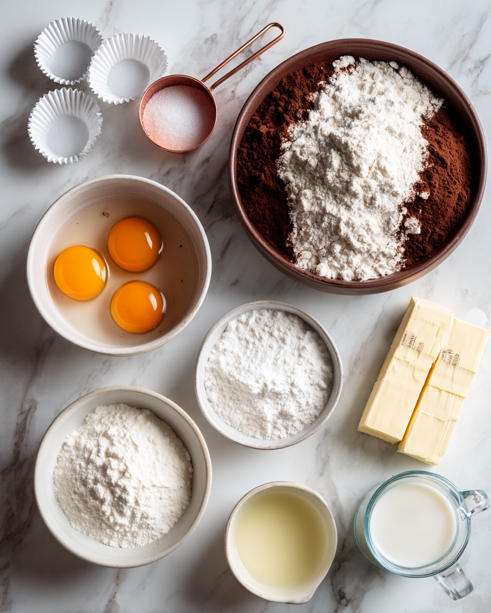 The image shows several baking ingredients neatly arranged on a white marbled surface. At the top right is a large brown bowl filled with three layers: white flour covering most of the bowl, a dark brown cocoa powder piled just to the left inside the flour, and two small piles side by side of white salt and baking powder at the bottom. Below it, a white bowl holds a mound of powdered sugar. To the left of this is a small white bowl with two raw eggs cracked inside, the orange yolks clearly visible. Above this eggs bowl, there are some empty white cupcake liners scattered around and a small white container of red food coloring. A rose gold measuring cup filled with white granulated sugar sits near the top left. To the right of the eggs and liners is a small white bowl with a pale yellow liquid, likely oil or vanilla extract. Two sticks of wrapped organic unsalted butter lie side by side just above a silver package of cream cheese. Finally, at the bottom right is a clear glass measuring cup filled with white milk. photo taken with an iphone --ar 4:5 --v 7