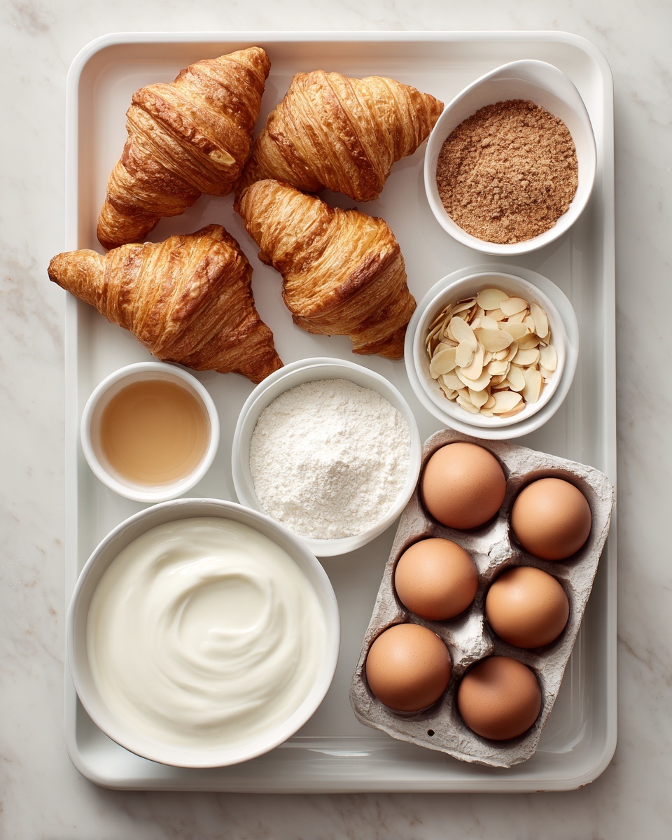 The image shows a white tray filled with ingredients for baking. There are six golden-brown croissants placed at the top left side. Below them, starting from the left, there is a small bowl with light brown granulated substance, a small white bowl filled with white powder, and another small white bowl with thin almond slices. Moving right, there is a small white bowl with light brown liquid. At the bottom left, there is a larger white bowl with thick white cream or milk. Next to it, there are six brown eggs arranged in two rows of three. On the bottom right, there is an open white egg carton holding one egg, and a small white bowl filled with a darker powder sits near it. The background surface is a white marbled texture. photo taken with an iphone --ar 4:5 --v 7