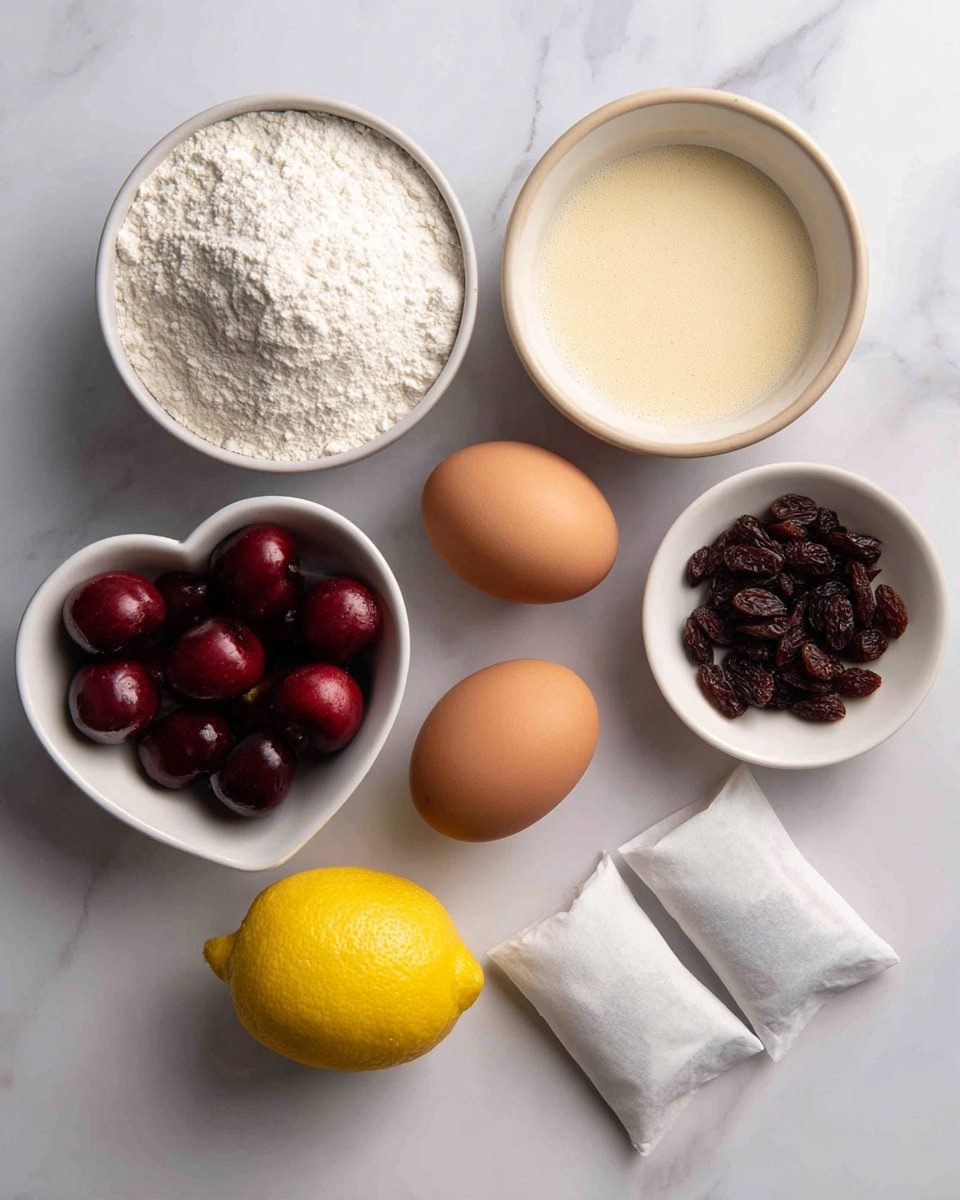 The image shows seven ingredients arranged neatly on a white marbled surface. There are three white bowls; one filled with white flour, another with beige liquid, and the third with dark brown raisins. In front of these bowls are two brown eggs, a small white heart-shaped bowl holding dark red cherries, a whole yellow lemon, and two white tea bags placed side by side. The ingredients are spaced evenly and presented clearly, all on the white marbled background. Photo taken with an iphone --ar 4:5 --v 7