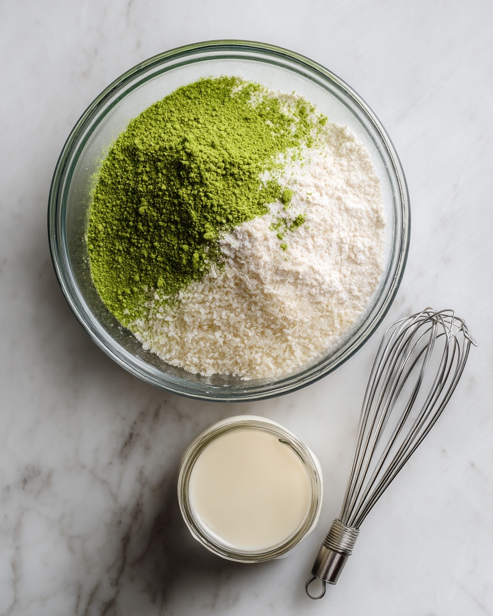 A large clear glass bowl sits on a white marbled surface, filled with three layers of dry ingredients: a bottom layer of white powder, a middle layer of coarse white grains, and a top layer of bright green powder slightly spread unevenly. To the right of the bowl, a small clear glass jar holds a creamy white liquid, and next to it lies a silver metal whisk. The scene is softly lit, showing clear textures of each ingredient and the objects around them photo taken with an iphone --ar 4:5 --v 7