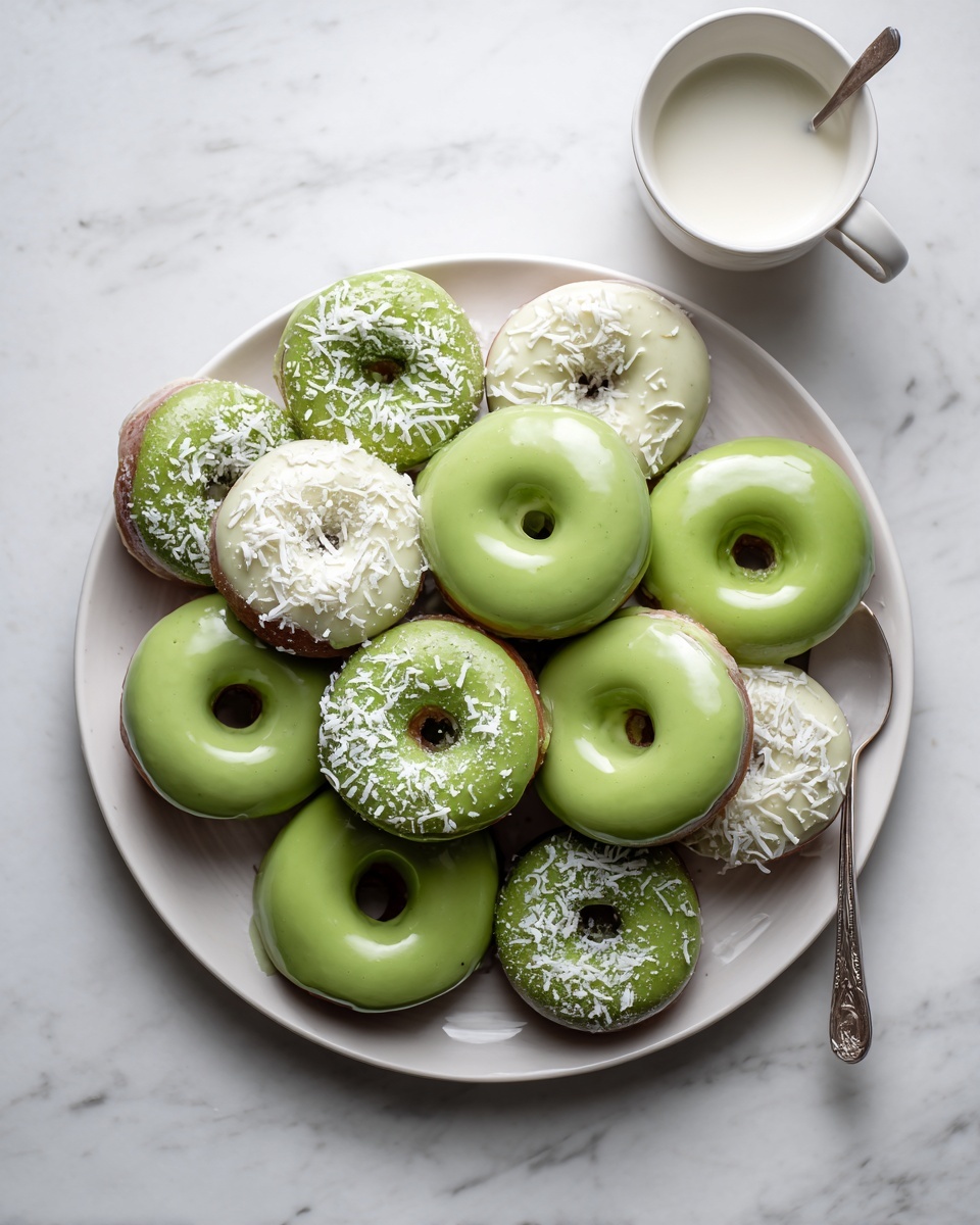 A white plate is filled with about twelve green donuts arranged in an overlapping pile. Some donuts have a smooth, shiny green glaze covering the whole top, while others show a matte green cake texture with no glaze. A few glazed donuts are sprinkled with white shredded coconut on one side. To the top right of the plate is a small white bowl with blue on the outside, holding a light white sauce with a spoon inside. The background is a white marbled surface. photo taken with an iphone --ar 4:5 --v 7