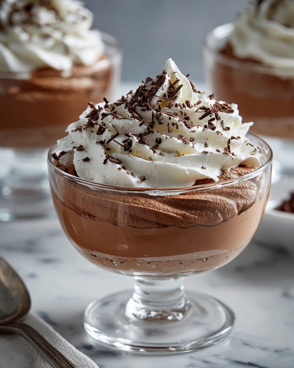 The image shows a clear glass dessert dish filled with two layers of smooth, light brown chocolate mousse. On top, there is a swirl of white whipped cream with small dark chocolate shavings sprinkled over it. The dish stands on a clear glass pedestal, and chocolate shavings are scattered on a white marbled surface around the dish. In the background, there are more similar dessert dishes, softly blurred. photo taken with an iphone --ar 4:5 --v 7