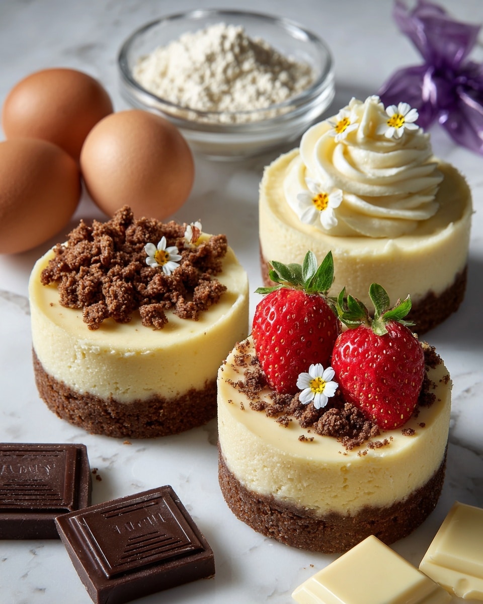Three mini cheesecakes are placed on a white marbled surface, each having two layers: a brown crumbly base layer and a thick creamy pale yellow top layer. The cheesecake on the left has small brown chocolate crumbles on top. The middle cheesecake is decorated with thick swirls of white cream, three bright red strawberries with green stems, and tiny white and yellow flowers. The cheesecake on the right has brown chocolate crumbles and small white and yellow flowers on top. Around them, there are two whole brown eggs, a small clear bowl of white flour, a purple wrapped bakery item, three pieces of dark chocolate, and two square white chocolates. Photo taken with an iphone --ar 4:5 --v 7