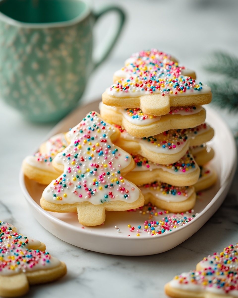 There are several Christmas tree-shaped cookies with a light golden brown color, each topped with a white icing layer fully covered in small round sprinkles of various bright colors like red, blue, green, orange, pink, purple, and white. The cookies have scalloped edges and are stacked in two groups: one pile on a white plate in the background and a few cookies placed on white lace paper in the front, all set on a white marbled surface. In the blurry background, there is a small green cup. Photo taken with an iphone --ar 4:5 --v 7