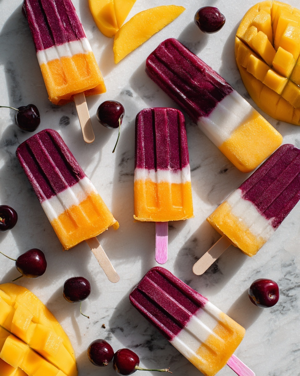 The image shows eight colorful popsicles arranged on a white marbled surface. Each popsicle has three layers: a bottom layer of bright orange, a thin middle layer of white, and a top layer of deep purple. Most popsicles have white sticks, except one which has a pink stick. Around the popsicles are some sliced yellow mango pieces and whole dark red cherries. The lighting creates soft shadows from the popsicles and fruit, giving the scene a fresh, vibrant look. photo taken with an iphone --ar 4:5 --v 7