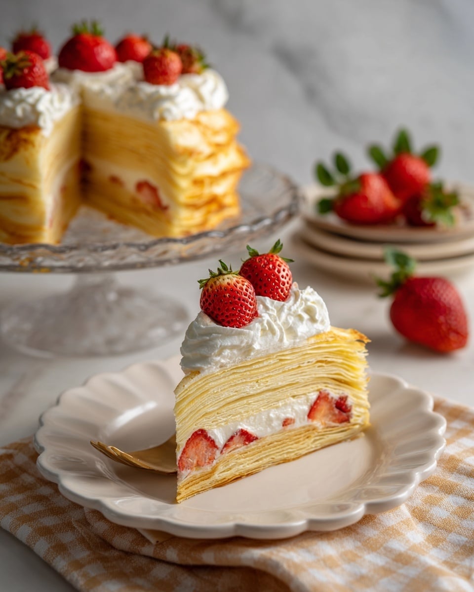 A slice of layered crepe cake sits on a white scalloped plate, showing about seven thin pale-yellow crepe layers separated by white cream and pieces of bright red strawberries. On top of the slice, three halved strawberries with seeds and green tips add vibrant red color against the white cream. Behind the slice, the rest of the crepe cake is on a round wooden stand with soft lighting, while a single whole strawberry rests next to the plate on a beige and white checkered cloth. The background has a soft focus with warm tones, all on a white marbled textured surface. photo taken with an iphone --ar 4:5 --v 7
