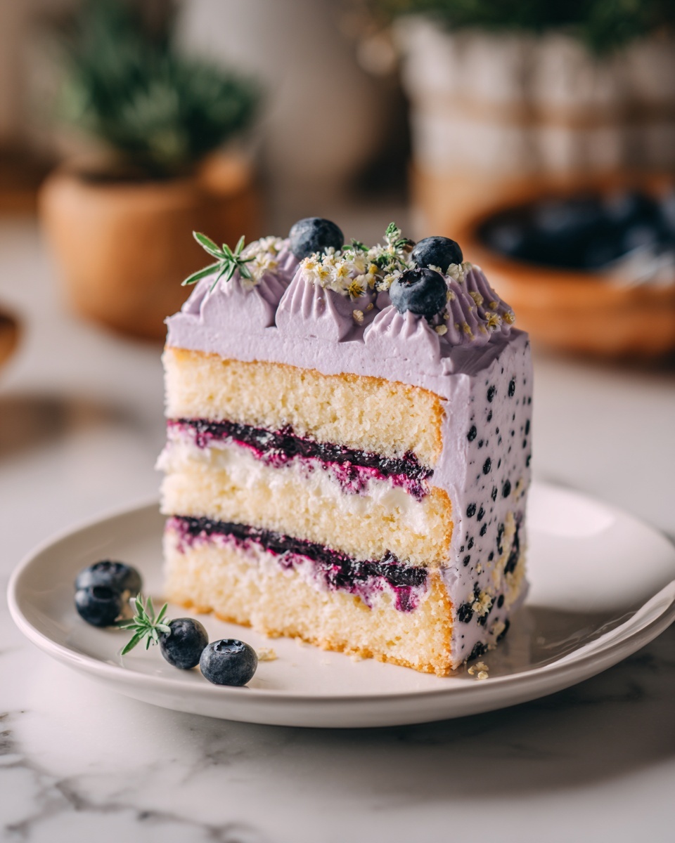 A round cake with smooth, light purple frosting covers the entire surface, showing tiny darker purple specks in the icing. The cake has about three layers inside, with the frosting thickly applied all over. On top, the frosting is swirled in a circular pattern and decorated with small dark blueberries and sprigs of green herbs. The cake sits on a white plate with more blueberries scattered around the base, placed on a white marbled surface. Photo taken with an iphone --ar 4:5 --v 7