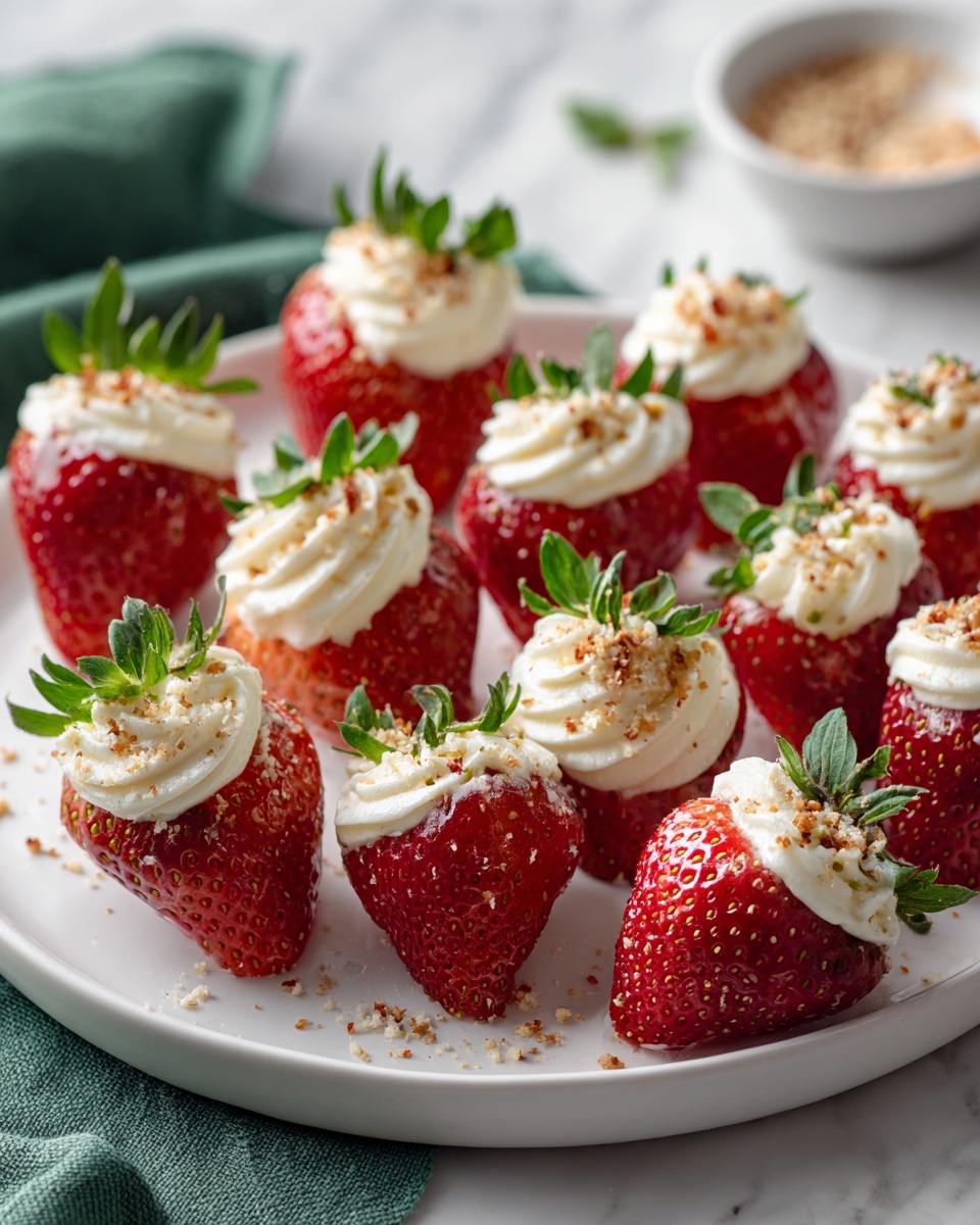 A white round plate with a gold rim holds about fifteen halved strawberries, each filled with a swirl of white creamy filling on top. Some strawberries have bright green leaves attached, forming a leafy base at one end. The creamy filling is smooth and slightly ruffled, sprinkled with small crumbs of light brown topping. The plate is set on a white marbled surface with a small green cloth napkin visible on the side and a white ramekin filled with crumbs in the background. The overall look is fresh, colorful, and neat. photo taken with an iphone --ar 4:5 --v 7