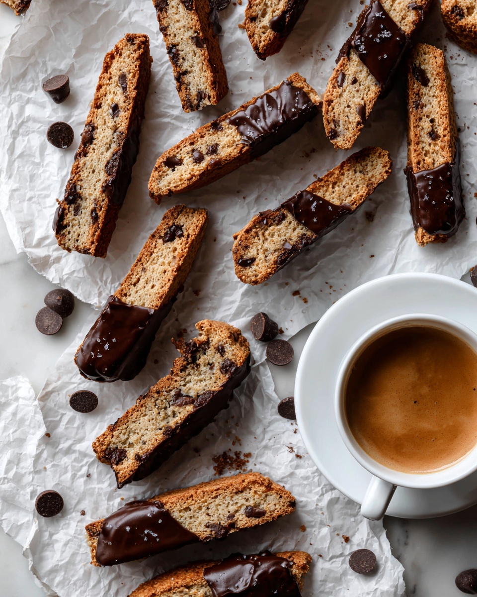 The image shows several thin, long biscotti cookies mostly arranged flat on a white marbled surface with crinkled white parchment paper underneath. Some biscotti are plain light brown with a cracked texture, while others are partially dipped in smooth, shiny dark chocolate on one end, creating a contrast in texture and color. Small round dark chocolate chips are scattered around the biscotti. There is also a white cup filled with light brown coffee or tea positioned in the upper right corner of the scene. The overall look is warm and inviting with an overhead view. photo taken with an iphone --ar 4:5 --v 7