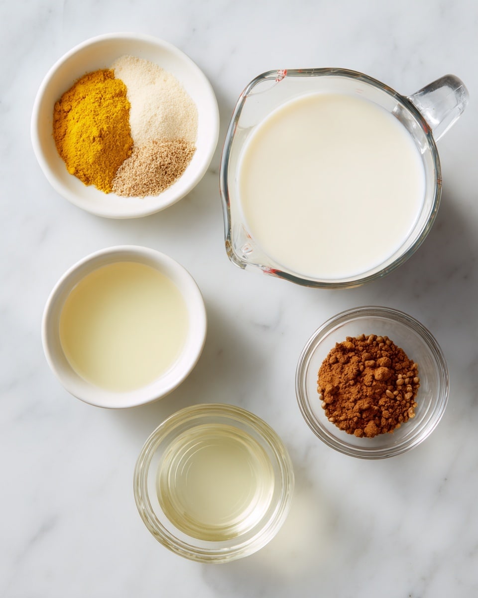 On a white marbled surface, there are four clear glass bowls arranged in a loose square shape. In the top right, a large glass measuring cup is filled nearly to the top with a smooth, white liquid. In the top left, a medium white glass bowl holds four dry spices: a bright yellow powder, a light tan powder, a brown cinnamon-like powder, and light brown seeds, all separated but close together. Below it on the left side is a small white bowl filled with a clear pale yellow liquid. Below the spice bowl on the right side is another small white bowl holding a clear liquid, slightly less yellow than the one next to it. The simple scene is bright, clean, and orderly. Photo taken with an iphone --ar 4:5 --v 7