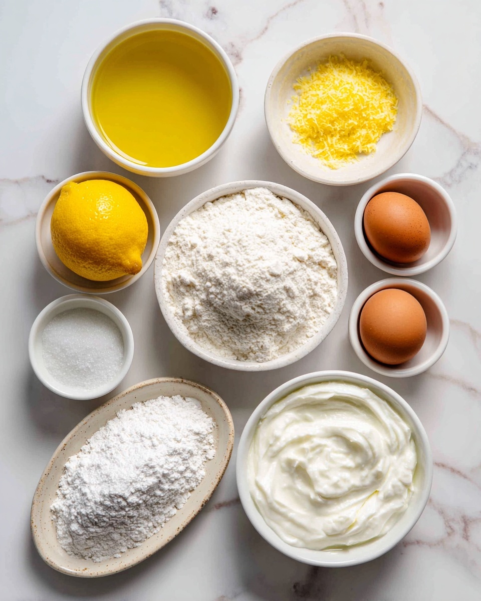 Nine white bowls and plates are arranged on a white marbled surface, each holding a different ingredient. Starting from the top left, there is a bowl filled with golden yellow oil, next to a small bowl with finely grated yellow lemon zest and a bowl with a whole yellow lemon. Moving right, a bowl contains two brown eggs. Below them to the left is a small bowl with white powder ingredients, next to an oval plate piled with white flour. A bowl filled with thick white yogurt is positioned to the right, and next to it is a bowl of white granulated sugar. Finally, near the center above the flour is a bowl with clear lemon juice. The scene is clean and bright with soft natural light. photo taken with an iphone --ar 4:5 --v 7