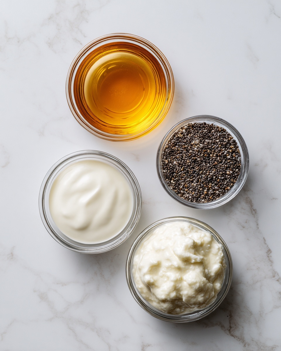 The image shows four small clear bowls placed on a white marbled surface. Starting from the top left bowl, it contains a golden amber liquid which looks smooth and shiny. The top right bowl is filled with small black and white chia seeds with a rough texture. Below these, the bottom left bowl contains a white, smooth liquid, appearing creamy and thick. The bottom right bowl holds a white, thick, and slightly lumpy yogurt-like substance. Each bowl is clear, round, and evenly spaced, presenting a clean and tidy arrangement. Photo taken with an iphone --ar 4:5 --v 7