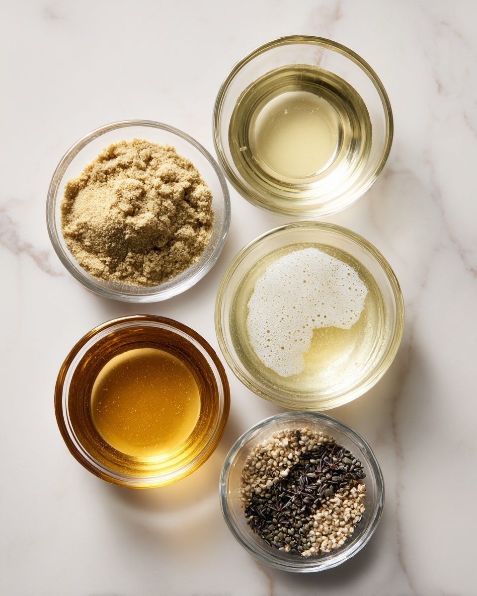 Five small clear glass bowls are placed on a white marbled surface in a loose circular shape. The top left bowl holds a light brown powder with a slightly crumbly texture. The top right bowl contains a small amount of clear, light golden liquid. The center bowl is the largest and is filled with a frothy off-white liquid. The bottom left bowl holds a medium amber liquid with a shiny surface. The bottom right bowl contains many tiny, dark brown and white seeds with a rough texture. Photo taken with an iphone --ar 4:5 --v 7