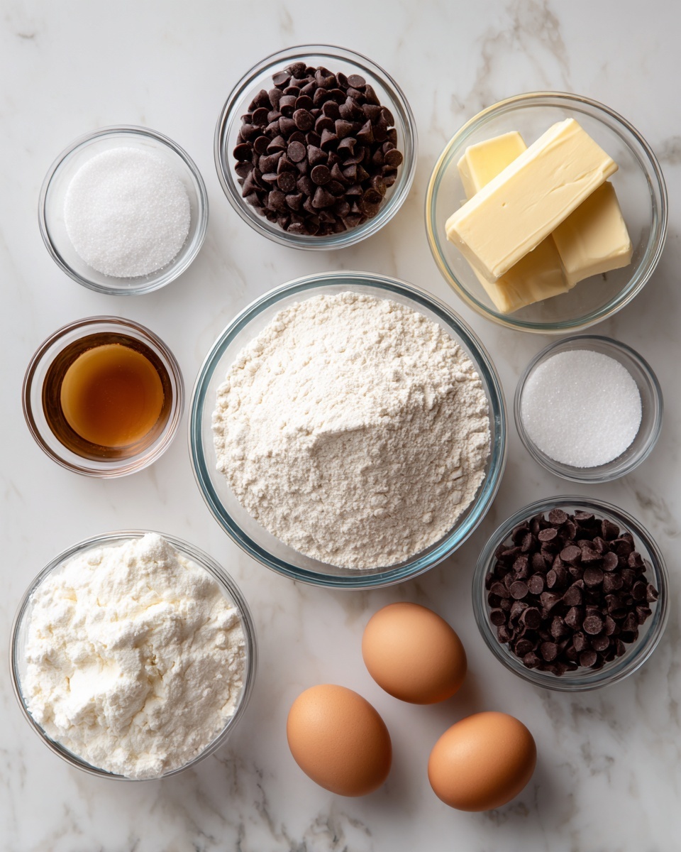 The image shows eight glass bowls and two eggs arranged on a white marbled surface. In the center is a large bowl filled with white flour. Surrounding it are smaller bowls holding dark brown chocolate chips, a pale yellow rectangle of butter, white powdered sugar, granulated sugar, and salt, along with one bowl containing a small amount of light brown liquid. Two light brown eggs are placed on the surface near the bowls. The whole setup is neatly spread out and well-lit. photo taken with an iphone --ar 4:5 --v 7