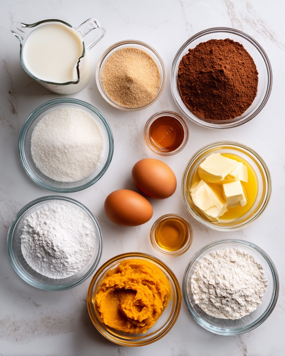 The image shows eight clear glass bowls with different ingredients arranged on a white marbled surface. From top left to bottom right, there is a measuring cup with white milk, a bowl with light brown sugar, a bowl with cocoa powder, baking soda, and salt, a bowl holding two brown eggs, a bowl with melted yellow butter, a bowl of white flour, a bowl of bright orange pumpkin puree, and a small bowl with golden syrup. All bowls are transparent, showing the textures and colors clearly. Photo taken with an iphone --ar 4:5 --v 7