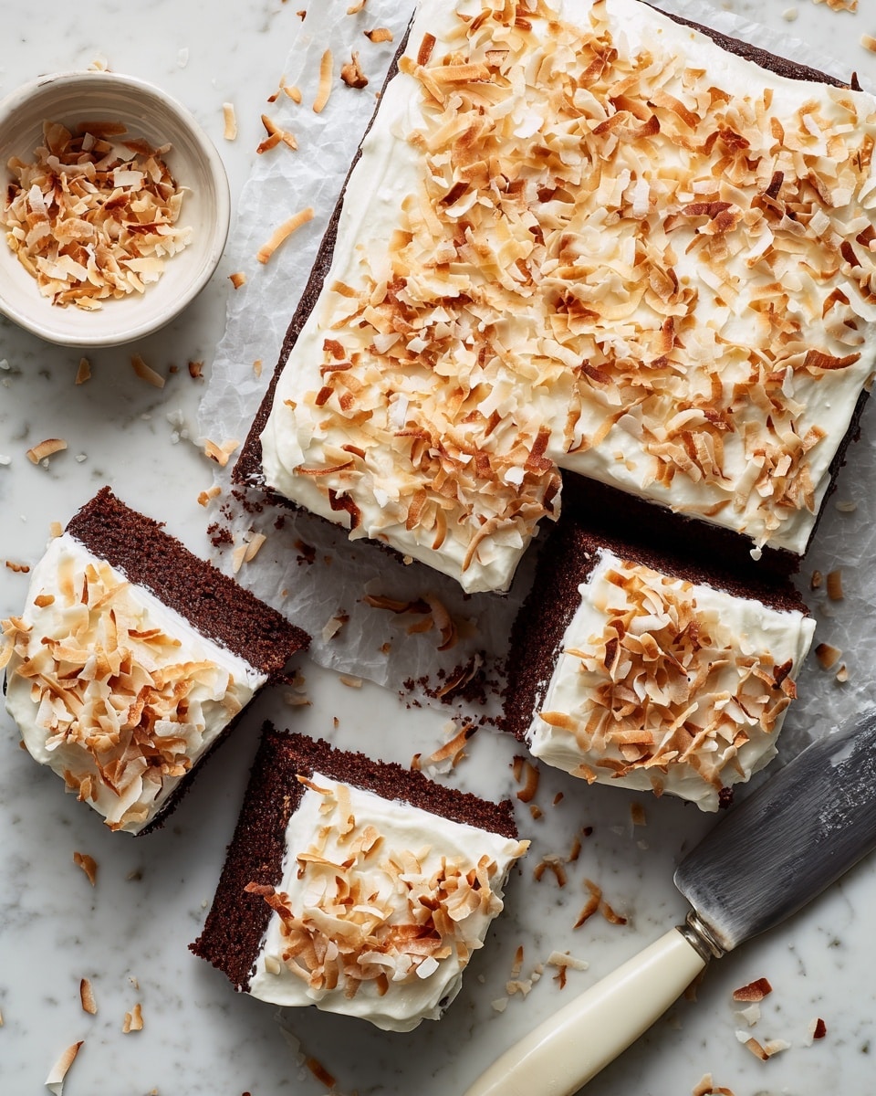 A dark brown square chocolate cake sliced into five pieces, with a thick, smooth layer of white frosting spread evenly on top, sprinkled generously with light brown toasted coconut flakes that have a slightly curled texture, sitting on white parchment paper over a white marbled surface; to the right, a small white bowl filled with more toasted coconut flakes and a white spatula with some frosting on its edge resting beside it. photo taken with an iphone --ar 4:5 --v 7
