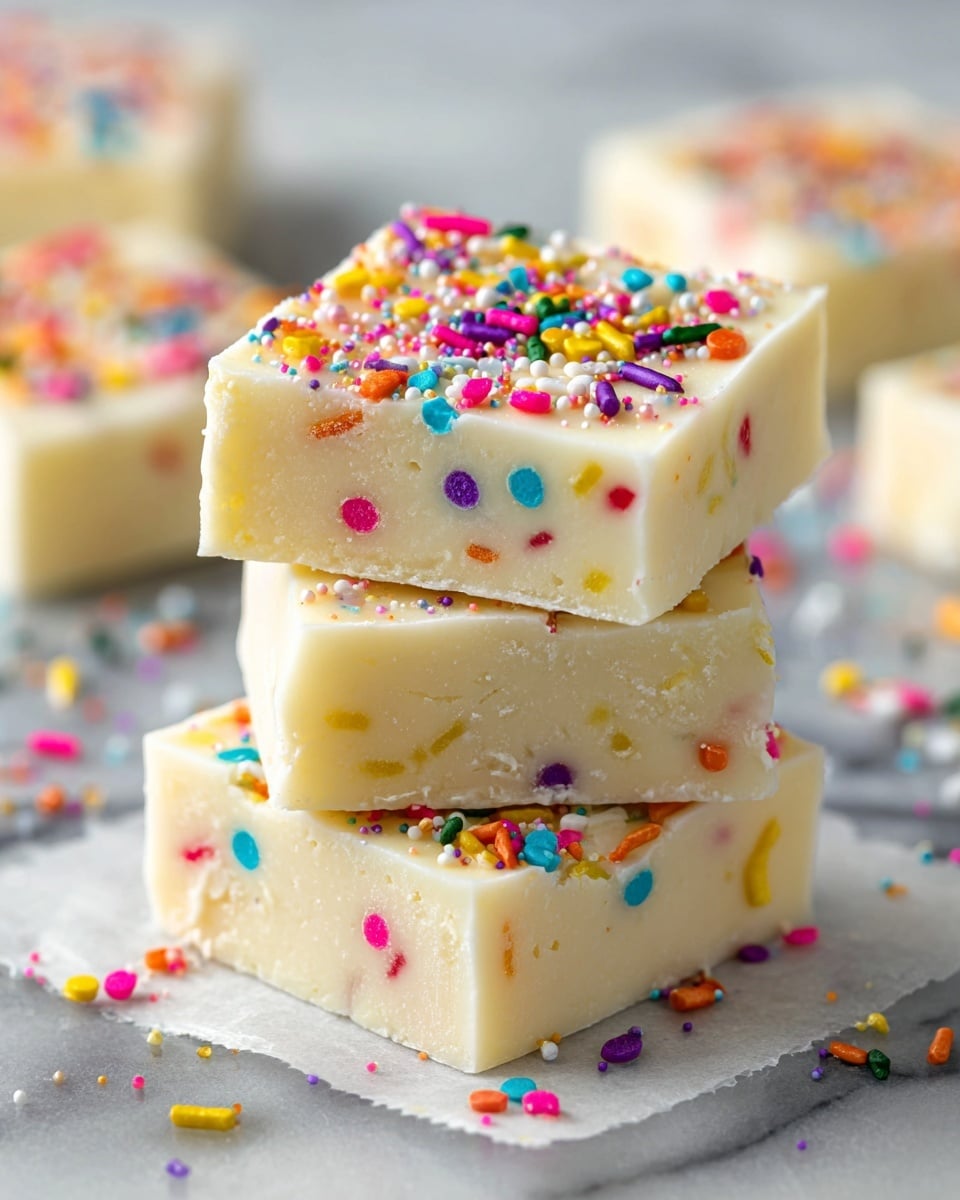 A stack of four square white fudge pieces is shown on a white marbled surface. Each fudge piece is creamy light beige with a smooth texture and scattered colorful round sprinkles in colors like pink, orange, green, yellow, blue, white, and purple embedded inside and sprinkled on top. The top piece displays more vibrant sprinkles evenly spread across the surface. The fudge pieces are neatly stacked, slightly off-center, showing their thick layers and soft edges. Some loose sprinkles are scattered around the stack. Photo taken with an iphone --ar 4:5 --v 7